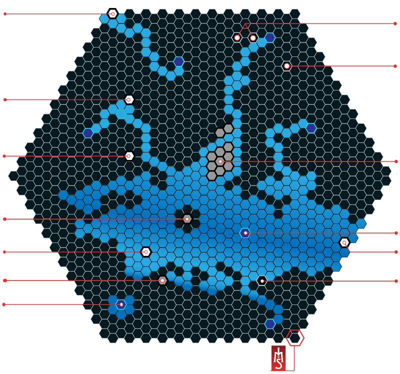 A hexagonal grid of over thirteen hundred individual hexagonal segments. It is an intermediate step in the development of a detailed Hevn map and foundation of a 3-D topographical model.